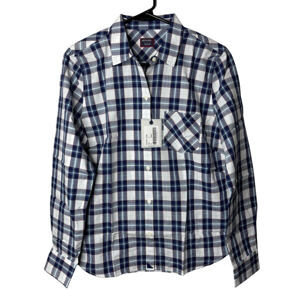 UNTUCKit checkered Button Down Women’s Shirt Size 8 NWT Navy White Classic Stapl - Picture 1 of 11